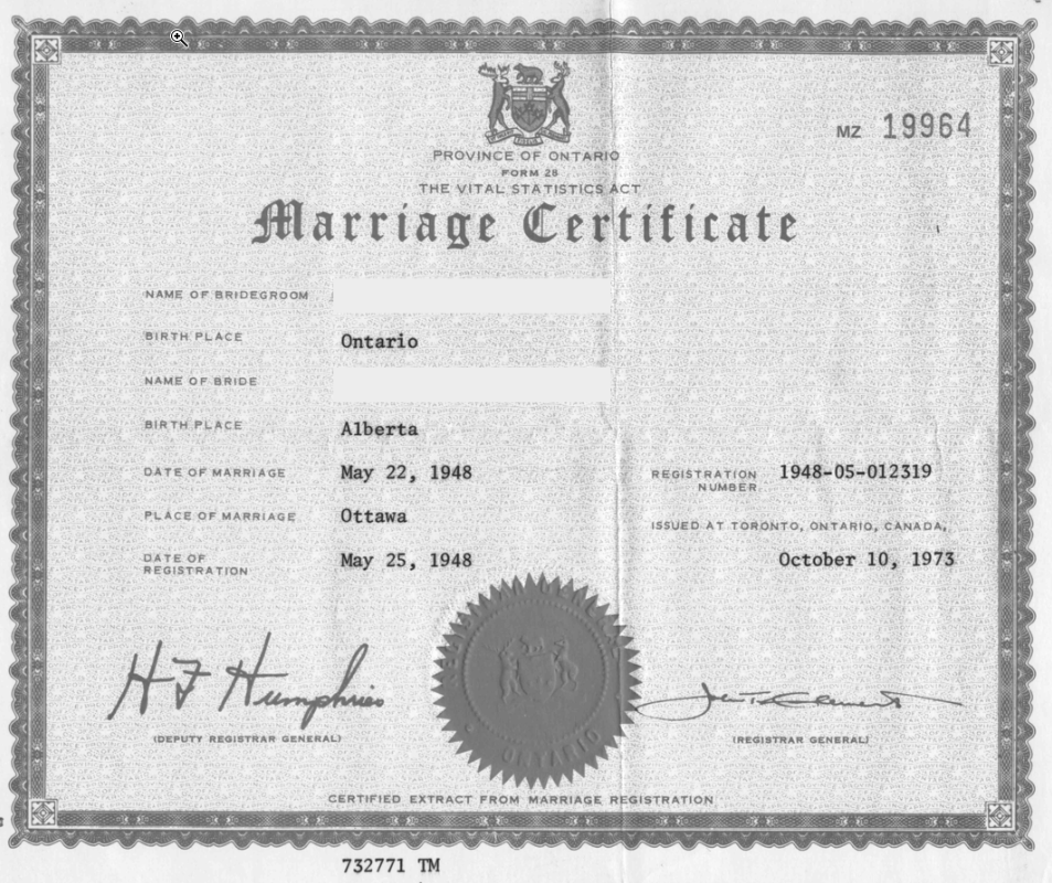 Ontario Marriage Certificate 